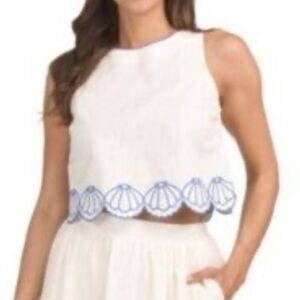 Calypso St. Barth Ivory and Blue Scallop Trim Top